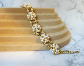 Vintage 14K Gold Pyramid Pearl Bracelet: Elegant Handmade Jewelry