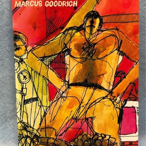 May include: Book cover with the title "DELILAH" and author "MARCUS GOODRICH" in white text on a red background. The cover features an abstract illustration in yellow, orange, and black, depicting a figure with outstretched arms.