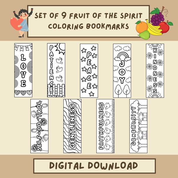 Fruit of the Spirit Coloring Bookmarks | Christian Coloring | For Kids | Bible Printable | Instant Download | Bible Bookmark