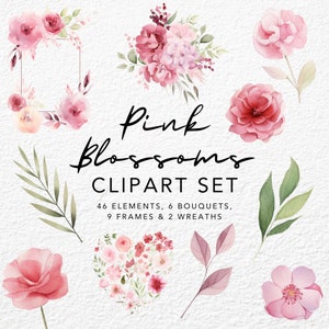 Pink blossoms clipart for wedding invitation, watercolor flowers, floral clipart, cherry blossom, pink flowers