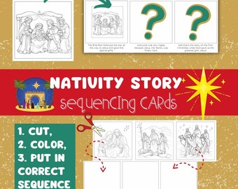 Nativity Story Sequencing Cards | Instant Download | Coloring Cards | For Kids | Christmas Story Lesson | Sunday School Activity