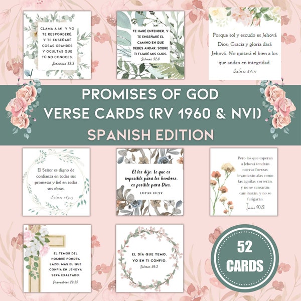 Espagnol Cartes de versets des promesses de Dieu pour femmes | Reina-Valera et Nueva Versión Internaciona l Écritures imprimables | Cartes mémoire de versets bibliques