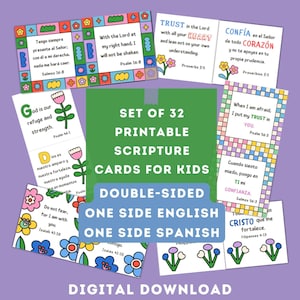 May include: A set of 32 double-sided printable scripture cards for kids. One side of each card features English text and the other side features Spanish text. The cards are decorated with colorful flowers and geometric patterns. The text on the cards includes verses from the Bible such as "God is our refuge and strength" and "Do not fear, for I am with you".