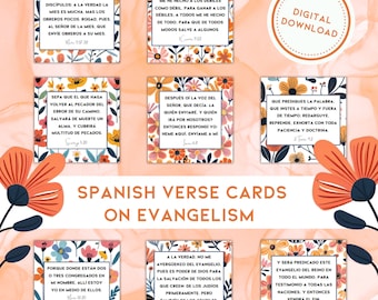 May include: A set of 6 colorful Spanish verse cards with floral designs. Each card features a different Bible verse about evangelism. The cards are perfect for sharing the Gospel with others.