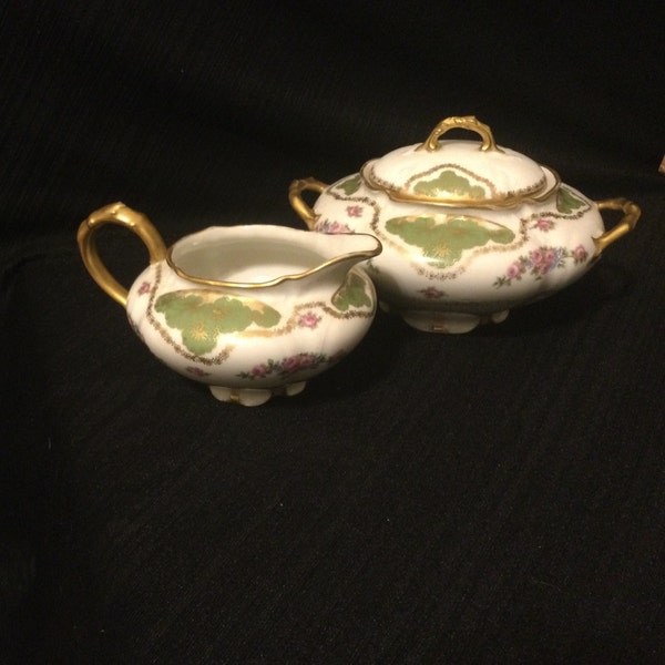 Rare Vintage Limoges Signed Lilypad Sugar and Creamer Set Handpainted Antiqute