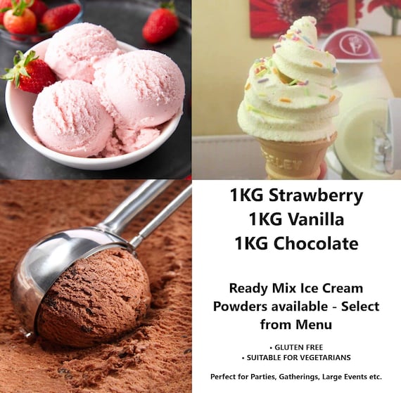 1KG Bag Soft Ice Cream Maker Powder Parlour Scoop Gluten Free Vegetarian  Instant Ready Mix Strawberry Vanilla Chocolate Flavour Scoops 