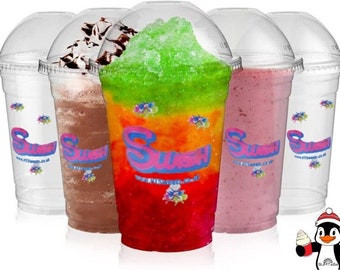 PRINTED Strong Clear Plastic Smoothie Cups + Dome Lids - 7oz 10oz 12oz 16oz Smoothies Milkshakes Slush Juices Recyclable Washable Reusable