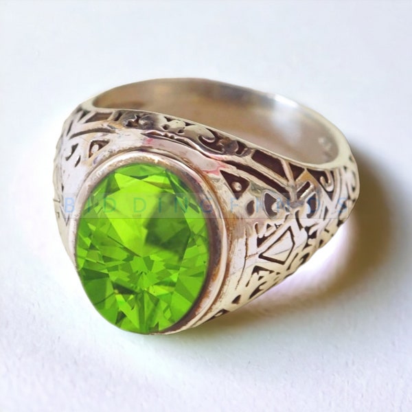 100% Genuine Peridot Ring For Men, Natural Peridot Ring, 925 Sterling Silver Ring, Art Deco Ring, Anniversary Peridot Ring, Unique Gift Ring