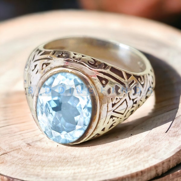 10x14 mm Aquamarine Ring For Men, Sterling Silver Mens Ring, Wedding Ring, March Birthstone Ring, Handmade Ring, Personalised Gift Men Ring