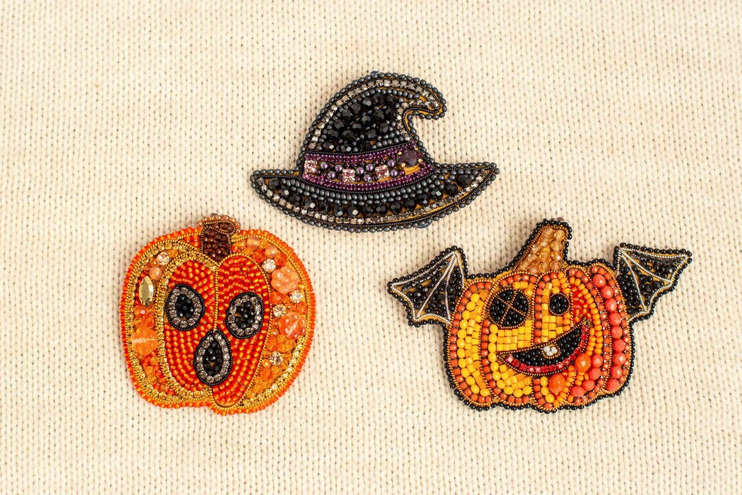 Set of 3 Halloween DIY Beaded Brooches Kits, Craft Kits, Beaded Pumpkin ...