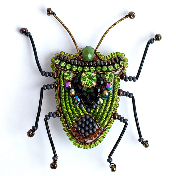 Green Shield Bug Bead embroidery kit. Seed Bead Brooch kit. DIY Craft kit. Insect Beading Kit Needlework beading Handmade Jewelry Making Kit