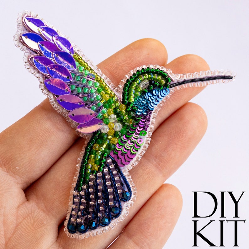 Hummingbird Bead embroidery kit. Seed Bead Brooch kit. DIY Craft kit. Bird beading kit. Needlework beading. Handmade Jewelry Making Kit image 2