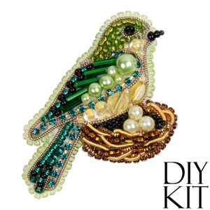 Bird in Nest Bead embroidery kit. Seed Bead Brooch kit. DIY Craft kit. Bird Beading Kit. Needlework beading. Handmade Jewelry Making Kit