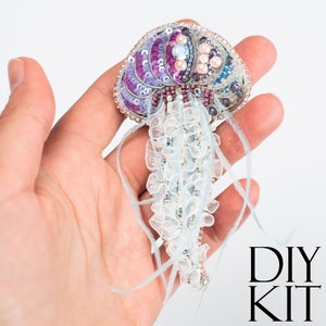 Jellyfish Bead embroidery kit. DIY craft kit Jellyfish. Jellyfish Brooch with Feather Tentacles. Bead Brooch kit. Needlework beading