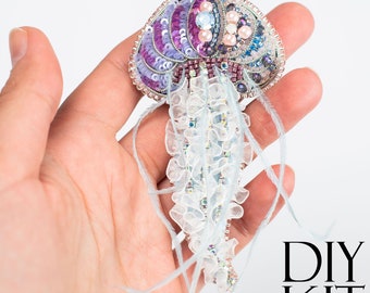 Jellyfish Bead embroidery kit. DIY craft kit Jellyfish. Jellyfish Brooch with Feather Tentacles. Bead Brooch kit. Needlework beading