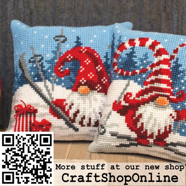 Gnome cushion cover Christmas cross stitch kit, DIY holiday pillowcase Hand embroidery kit, Embroidered pillow cover