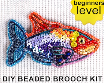 Rainbow Fish Bead embroidery kit. Seed Bead Brooch kit. DIY Craft kit. Beading Kit. Needlework beading. Handmade Jewelry Making Kit