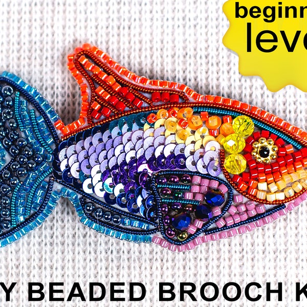 Rainbow Fish Bead embroidery kit. Seed Bead Brooch kit. DIY Craft kit. Beading Kit. Needlework beading. Handmade Jewelry Making Kit