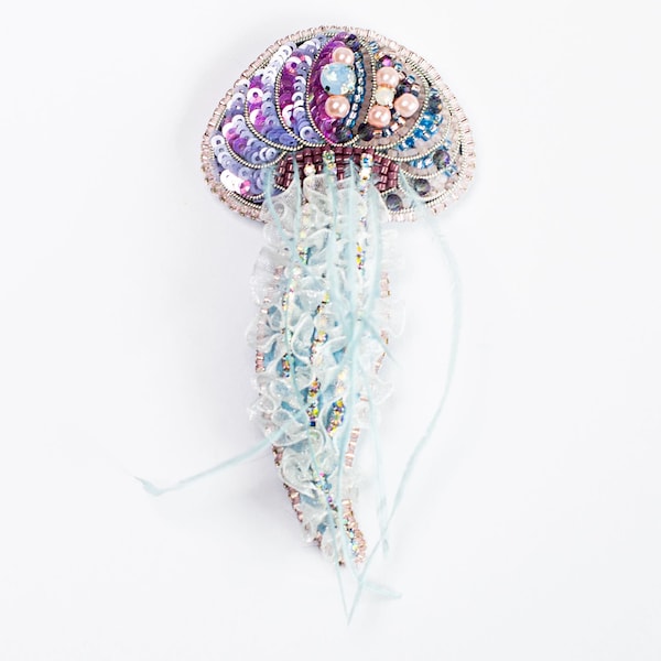 Jellyfish Bead embroidery kit. DIY craft kit Jellyfish. Jellyfish Brooch with Feather Tentacles. Bead Brooch kit. Needlework beading