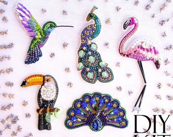 Set of 5 Birds DIY Beaded Brooches Kits, Craft kits, Beaded Bird Brooches, Jewelry Making Kits for Adults, Needlework beading