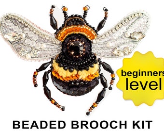 Bumblebee Bead embroidery kit. Seed Bead Brooch kit. DIY Craft kit. Insect Beading Kit. Needlework beading. Handmade Jewelry Making Kit
