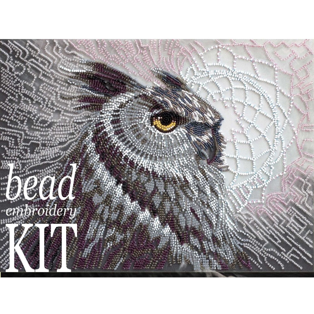 DIY Bead Embroidery Kit Totem Owl, Night Bird Embroidery on Art Canvas