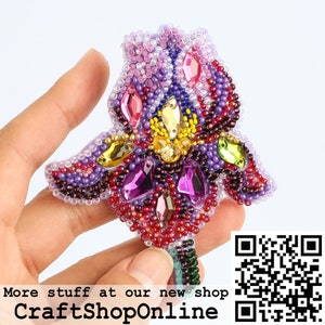 Amethyst Iris Bead embroidery kit. Seed Bead Brooch kit. DIY Craft kit. Flower Beading Kit. Needlework beading. Handmade Jewelry Making Kit