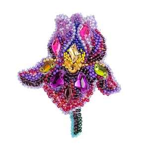 Amethyst Iris Bead embroidery kit. Seed Bead Brooch kit. DIY Craft kit. Flower Beading Kit. Needlework beading. Handmade Jewelry Making Kit