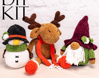 Plush Christmas Crochet Kits for Adults, Beginner Crochet Kits, Snowman, Reindeer and Gnome Amigurumi DIY Craft Kits