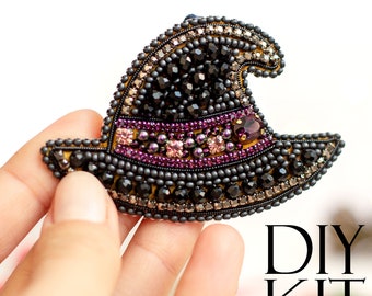 Witch Hat Bead embroidery kit. Seed Bead Brooch kit. DIY Craft kit. Halloween Beading Kit. Needlework beading. Handmade Jewelry Making Kit