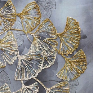 DIY bead embroidery kit Ginkgo Leaf on art canvas, DIY craft kit, gold needlepoint tutorial, nature lover wall art