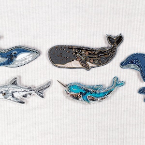 Set of 5 - Whale, Dolphin, Cachalot, Narwhale, Shark - Bead embroidery kits. Seed Bead Brooch kits. DIY Craft kits. Beading Kits