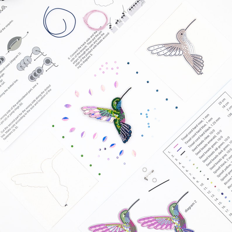 Hummingbird Bead embroidery kit. Seed Bead Brooch kit. DIY Craft kit. Bird beading kit. Needlework beading. Handmade Jewelry Making Kit image 5