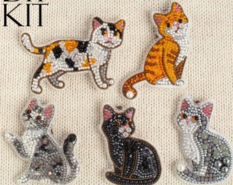 Set of 5 Cats DIY Beaded Brooches Kits, Craft kits, Beaded Cat Brooches, Jewelry Making Kits for Adults, Needlework beading