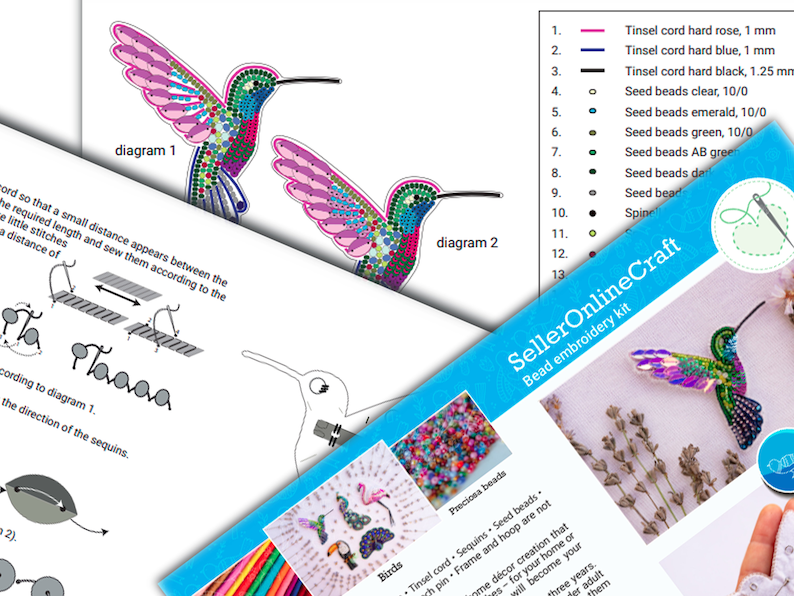 Hummingbird Bead embroidery kit. Seed Bead Brooch kit. DIY Craft kit. Bird beading kit. Needlework beading. Handmade Jewelry Making Kit image 4