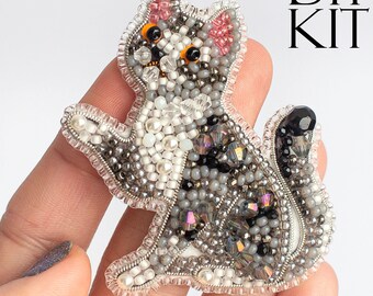 Gray Tabby Cat Bead embroidery kit. Seed Bead Brooch kit. DIY Craft kit. Beading Kit. Needlework beading. Handmade Jewelry Making Kit