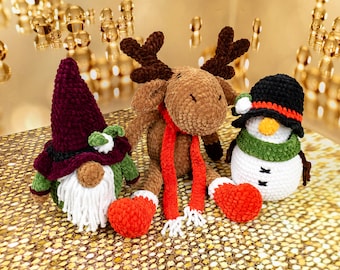 Plush Christmas Crochet Kits for Adults, Beginner Crochet Kits, Snowman, Reindeer and Gnome Amigurumi DIY Craft Kits