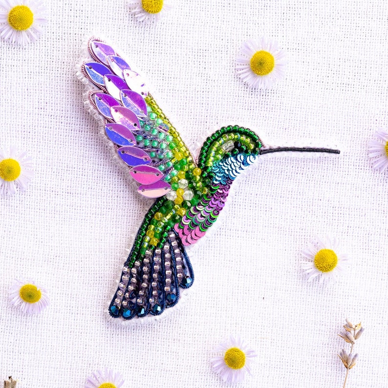 Hummingbird Bead embroidery kit. Seed Bead Brooch kit. DIY Craft kit. Bird beading kit. Needlework beading. Handmade Jewelry Making Kit image 1