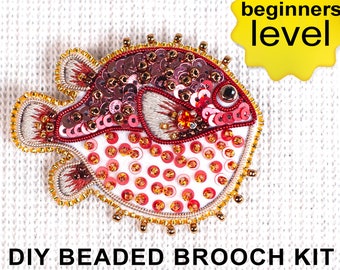 Pufferfish Bead Embroidery kit. Seed Bead Brooch kit. DIY Craft kit. Beading Kit. Needlework beading. Handmade Jewelry Making Kit