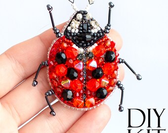 Ladybug Bead embroidery kit. Seed Bead Brooch kit. DIY Craft kit. Insect Beading Kit. Needlework beading. Handmade Jewelry Making Kit