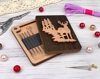 Personalisable wooden needle holder, magnetic needle minder, sewing accessories, rectangular needle case, needlework tool