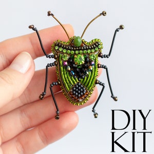 Green Shield Bug Bead embroidery kit. Seed Bead Brooch kit. DIY Craft kit. Insect Beading Kit Needlework beading Handmade Jewelry Making Kit