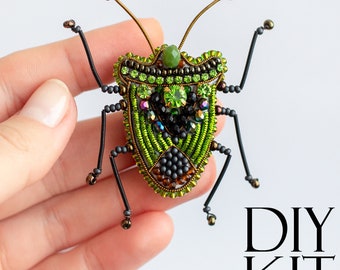 Green Shield Bug Bead embroidery kit. Seed Bead Brooch kit. DIY Craft kit. Insect Beading Kit Needlework beading Handmade Jewelry Making Kit