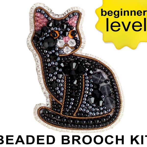 Black Cat Bead embroidery kit. Seed Bead Brooch kit. DIY Craft kit. Beading Kit. Needlework beading. Handmade Jewelry Making Kit