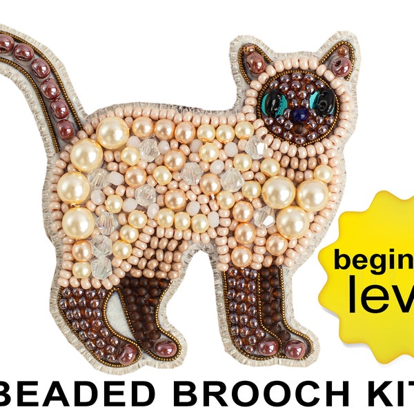Siamese Cat Bead embroidery kit. Seed Bead Brooch kit. DIY Craft kit. Beading Kit. Needlework beading. Handmade Jewelry Making Kit