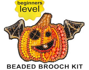 Halloween Pumpkin Bead embroidery kit. Seed Bead Brooch kit. DIY Craft kit. Beading Kit. Needlework beading. Handmade Jewelry Making Kit
