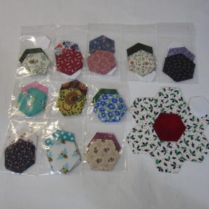 Precut Fabric Hexagon EPP Hand Sew Kits 12 Miniature Flowers 1/2" Sides w/Papers Random Selection