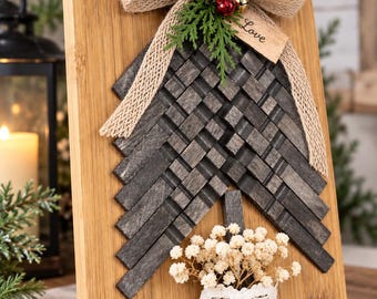 Árvore de Natal rústica estilo fazenda com laço de juta e gipsofila | Árvore de Natal de madeira feita à mão | Decoração natalina campestre