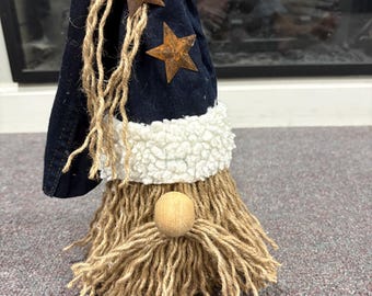 Gnomo de Natal artesanal em jeans – Barba rústica de juta, sinos de Natal