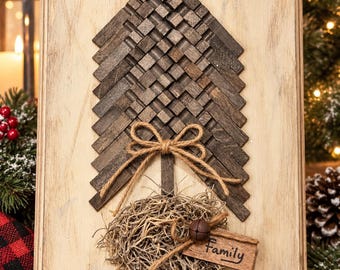 Placa de Natal rústica feita à mão em madeira, representando uma árvore – Decoração natalina em estilo casa de campo primitiva
